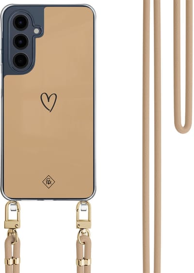 Casimoda® hoesje met beige koord - Geschikt voor Samsung A16 - Hart Bruin - Afneembaar koord - TPU/polycarbonaat - Bruin/beige
