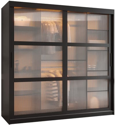 Zweefdeurkast Kledingkast met 2 schuifdeuren glanzen slaapkamerkast Kledingstang met planken Garderobekast met geribbeld glas - ARTON (180 cm, Zwart) met lades