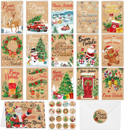 Dailygoods- Kerstkaarten Set 16 Stuks - Kerstkaarten met Envelop - Kerstkaarten met Stickers - Wenskaarten voor Familie - Wenskaarten voor Vrienden - 16 Verschillende Designs