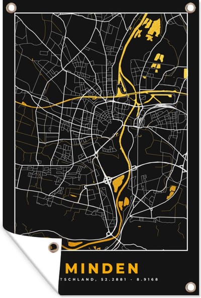 Muurdecoratie Kaart – Plattegrond – Stadskaart – Minden – Duitsland – Goud - 120x180 cm - Tuinposter - Tuindoek