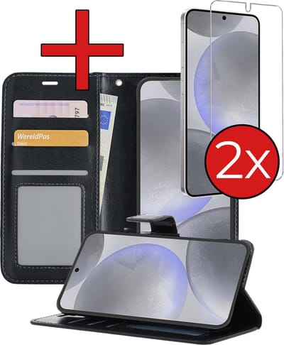 Hoesje - Met 2x Screenprotector - Geschikt voor Samsung Galaxy S24 Plus - Luxe Pasjeshouder - Flip Case - Bookcase Portemonee - Kunstleer Book Case - Flipcase Hoes - Book Cover - Walletcase - Portemonneehoes - Telefoonhoes - Zwart