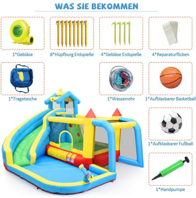 Springkussen voor kinderen, 5-in-1 opblaasbaar springkussen voor kinderen van 3 tot 10 jaar, buitenspringkussen met glijbaan, springgedeelte, waterbad, voetbalnet