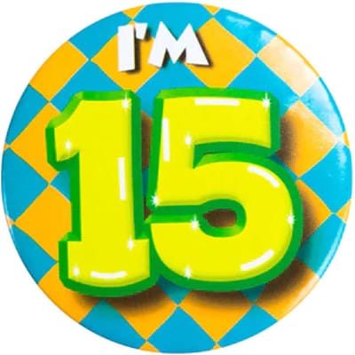 Button 15 Jaar - Button met speld (55mm) - Leeftijd badge - 15 Jaar versiering - Accessoires - Rozet I'm 15 - Verjaardag jongen / meisje / man / vrouw - Button 15 Jaar