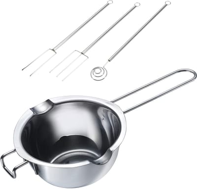 Westmark au bain-marie-smeltkom en chocolade-dompelvorkenset (3-delig) – Smeltkom met schenktuiten voor dubbelzijdig schenken – Dompelvork voor het onderdompelen en decoreren – Roestvrij staal