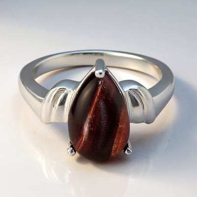 Cavill - Zilveren Ring met 3,26 ct Peervormige Rode Tijgeroog Cabochon - 925 Sterling Zilver - Elegante Damesring met Edelsteen uit Mexico