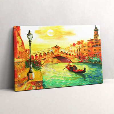 Wallfluent Foto Op Canvas Venetië - gondel en Rialtobrug - 60 x 40 cm - Groente Schilderijen Op Canvas Doek - Steden Canvas Doek Foto - Imitatie van een olieverfschilderij Print Van Doek - Kunst Canvas Schilderij