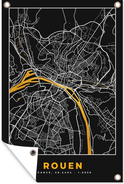Muurdecoratie Kaart – Rouen - Stadskaart – Frankrijk – Plattegrond - 120x180 cm - Tuinposter - Tuindoek