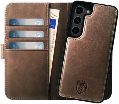 Rosso Elite Hoesje Geschikt voor Samsung Galaxy S23 | Compatibel met MagSafe | Book Case en Back Cover | Magnetisch Uitneembaar | Echt Leer Beschermhoes met Pasjeshouder | Bruin