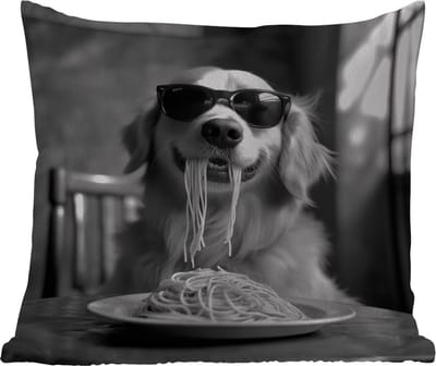 Tuinkussen - Golden Retriever - Hond - Vrolijk - Bord spaghetti - Zwart - wit - 40x40 cm - Weerbestendig