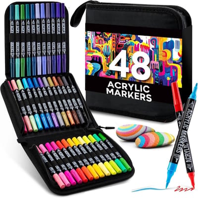 PromoHome Acrylverfmarker Set - 48 Stuks Dual Tip Penselen (Fijne Punt en Penseel) - Levendige Kleuren voor Kunst, Schilderen op Verschillende Oppervlakken - Sneldrogend en Lichtbestendig - Inclusief Opbergetui