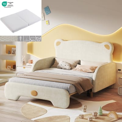 Sweiko (Met matras) Kinderbedje in Berenvorm, Gewatteerd bed, Tweepersoonsbed, Dagbed, Uitschuifbaar bed, met zachte beschermende randen, met houten latten, fluweel, beige (140x110cm&140x200cm), Matras in witte spons