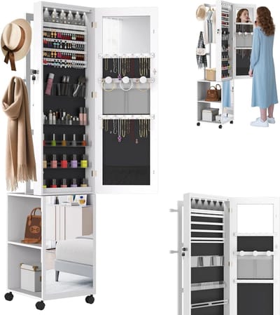 Sieradenkast met Spiegel - Juwelierskast Armoire - Sieraden Opbergen - Met LED Verlichting - 36x40x170 cm - Wit