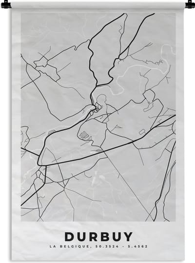 Wandkleed - Wanddoek - België – Durbuy – Stadskaart – Kaart – Zwart Wit – Plattegrond - 120x180 cm - Wandtapijt