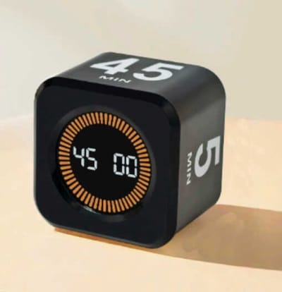 Kubusvormige visuele timer, Pomodoro-timer met rotatiefunctie, aftelling van 5/10/25/45 minuten en gepersonaliseerde aftelling, stille modus en pieptoon, oplaadbare timer, geschikt voor keukens en studeerkamers, zwart.