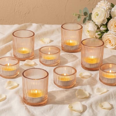 Dailygoods- Kaarsenhouders Set van 8 - Geribbelde Theelichthouders - Gouden Glas - Kleine Theelichthouders - Tafelcentrum - Woondecoratie