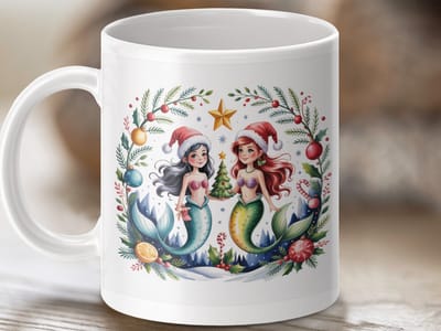 Mok Kerst Zeemeerminnen, feestelijke mok, Zeemeermin Mok, Kerstcadeau idee, feestdags mok, Feest Zeemeerminnen, Kerst Zeemeermin, Nieuwjaar