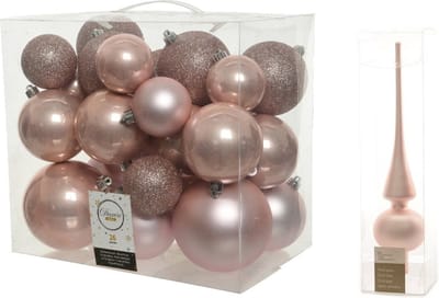 Kerstversiering kunststof kerstballen lichtroze 6-8-10 cm pakket van 27x stuks - Met mat glazen piek van 26 cm
