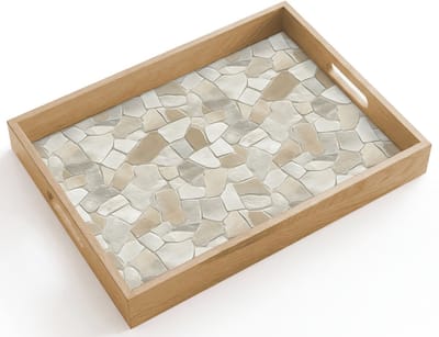 Dienblad hout 40x30 cm - Schootdienblad - Mozaïek - Stenen - Beige - Borrelplank rechthoek - Plateau dienbladen