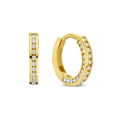 New Bling 9NBG-0711 Gouden Oorringen - Oorbellen - 14 Karaat - Met aan 3 kanten Zirkonia - 12mm Doorsnee - 1,9mm Breed - Scharnier - Goud