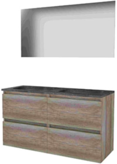 Basic-Line Ultimate 46 Badkamermeubelset - 120 x 46 cm - Greeploos - 4 Lades - Hardstenen Wastafel - 2 Kraangaten - Spiegel met Indirecte LED Verlichting - Scotch Oak