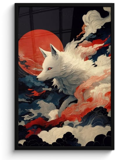 Poster in lijst - Fotolijst 60x90 cm - Posters - Witte vos - wolken - maan - Posterlijst zwart - Decoratie - Wanddecoratie woonkamer - Muurdecoratie slaapkamer