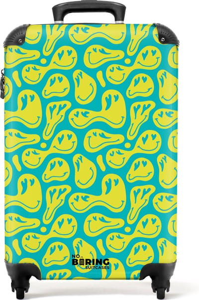 NoBoringSuitcases.com® - Handbagage koffer lichtgewicht - Reiskoffer trolley - Groen met gele smileys - Rolkoffer met wieltjes - Past binnen 55x40x20 en 55x35x25