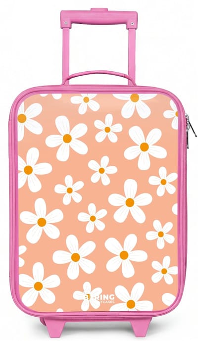 NoBoringSuitcases.com® - Kinderkoffer roze - Kindertrolley meisje - Madeliefjesmania perzik - Koffer kind lichtgewicht - Reiskoffer trolley voor kinderen - Koffertje met lichtgevende wieltjes - Rolkoffer