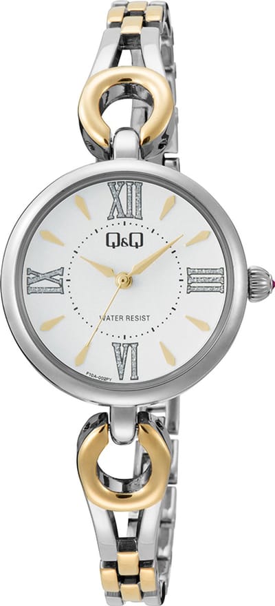 Q&Q F10A-002PY - Horloge - Polshorloge - Analoog - Dames - Vrouwen - Metalen band - Rond - Metaal - Streepjes - Romeinse cijfers - Zilverkleurig - Goudkleurig - Wit - Briljanten