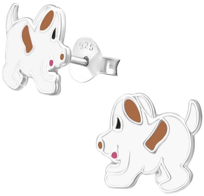 Joy|S - Zilveren hond oorbellen - 9 x 8 mm - bruin wit - kinderoorbellen