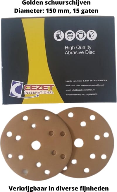 CEZET duurzaam golden schuurpapier - schijf – grit/fijnheid: P 80- diameter: 150mm - 15 gaten - 50 stuks – schuren auto, boot, scooter, camper