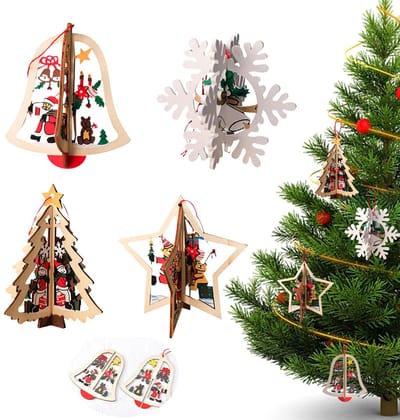 Dailygoods- Kerstboomhangers 4 stuks - 3D-kerstdecoraties van Hout - Klok/Ster/Sneeuwvlok/Kerstboom - Hangende Ornamenten - Uniek Design - Afmetingen Klok: 10,7 x 9,5 cm - Kerstdecoratie