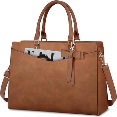 Famanu - Laptoptassen voor vrouwen, 15,6 inch, dameshandtassen, draagtas, grote werktassen, PU-synthetisch materiaal ontwerper-schoudertas voor zakelijk gebruik, kantoor, winkelen of universiteit, Vintage bruin-2