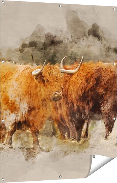 Gards Tuinposter Twee Schotse Hooglander Koeien - Abstract - 90x120 cm - Tuindoek - Tuindecoratie - Wanddecoratie buiten - Tuinschilderij