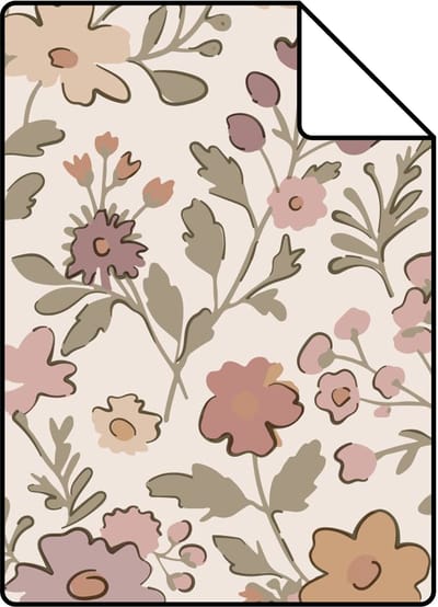 Proefstaal ESTAhome behang bloemetjes mauve paars, vergrijsd groen en terracotta - 26.5 x 21 cm - 131328-S