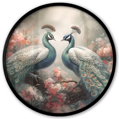 Poster in lijst Rond - Fotolijst 40x40 cm - Posters - Pauwen - Pauwenveren - Vogels - Bloemen - Natuur - Ronde posterlijst zwart - Decoratie - Wanddecoratie woonkamer - Muurdecoratie slaapkamer