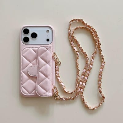 Portefeuille Bandoulière de Luxe Étui Téléphone avec Porte-Cartes Lanière en Cuir Sangle d'Épaule pour IPhone 13 14 15 16 17 Pro Max (Non ) iPhone 16 rose