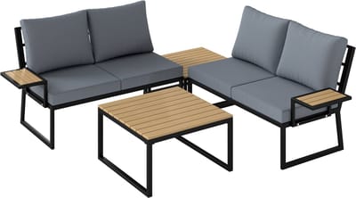 Balkonset 4 personen - Tuinset - Bistroset - Teak+Grijs+Zwart - Weerbestendig - 4 delig - 4 stoelen - 4 personen - Metaal