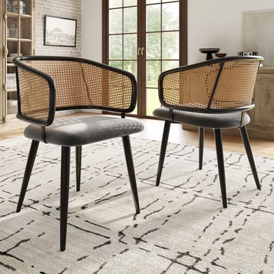 DESMIU Eetkamerstoel 79 Cm - Set Van 2 Met Rotan Rugleuning En Velvet Zitting - Voor Eetkamer Woonkamer En Café - Metaal Grijs