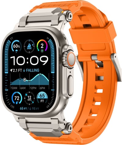 Strap-it Luxe 'Adventurer' siliconen band - geschikt voor Apple Watch Series 1/2/3/4/5/6/7/8/9/10/11/SE/SE2/SE3/Ultra (2/3) - grote maten 44mm / 45mm / 46mm / 49mm (oranje met titanium)