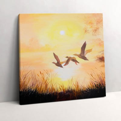 Wallfluent Foto Op Canvas Kranen bij zonsondergang - 60 x 60 cm - Beige Schilderij Canvas - Vogels Canvas Doek Foto - Natuur Schilderij Doek - Vogels Schilderijen Op Canvas Doek
