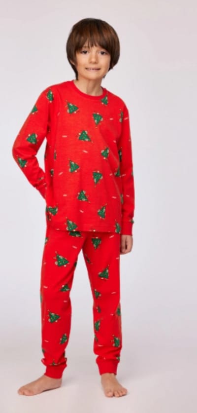 Woody pyjama unisex - rood - kerstboom all-overprint - 253-18-CPA-Z/995 - maat 140