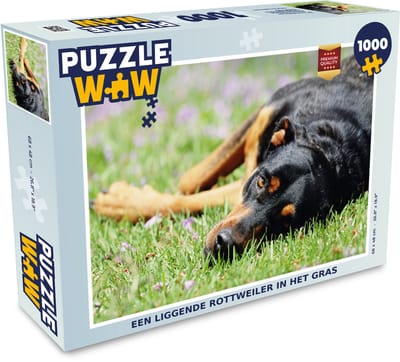 Puzzel Een liggende Rottweiler in het gras - Legpuzzel - Puzzel 1000 stukjes volwassenen