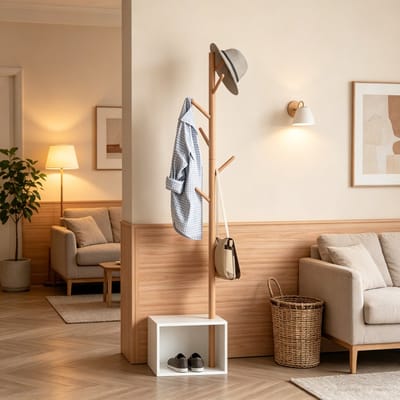 Clruro Kapstok - 40 × 30 × 180 cm - met Zitbank - met Haken - Multifunctioneel - MDF + Bamboe - Naturel en Wit