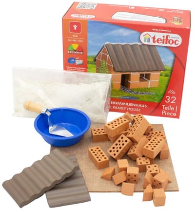Teifoc® Bouwdoos – Klein Huisje Bouwset – 35 onderdelen – Echte mini Bakstenen met Cement, Kom en Troffel – Bouwpakket voor kinderen vanaf 6 jaar