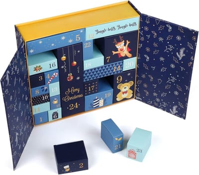 Dutchers® Lege Adventskalender - 24 Vakken - Herbruikbaar Cadeaudoos - Luxe Kerstverpakking - Donkerblauw met Gouden Accenten - Iedere dag een cadeau - Aftellen tot kerstmis - Kerstcadeau - Cadeautip - Geschenkbox