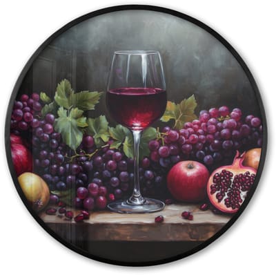 Poster in lijst Rond - Fotolijst 60x60 cm - Posters - Wijn - Fruit - Stilleven - Ronde posterlijst zwart - Decoratie - Wanddecoratie woonkamer - Muurdecoratie slaapkamer