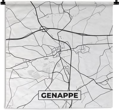 Wandkleed - Wanddoek - Stadskaart – Plattegrond – België – Zwart Wit – Genappe – Kaart - 180x180 cm - Wandtapijt