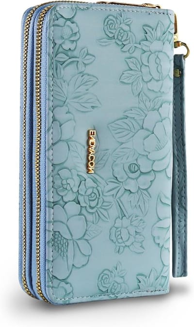 Grote Dames Portemonnee van PU Leer met Bloemenprint, Dubbele Rits, Veel Ruimte en Polsbandje, Blauw, Geschikt voor Kaarten en Cash