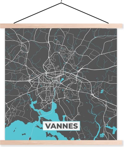 Posterhanger incl. Poster 40x40 cm - Schoolplaat - Vannes - Frankrijk - Plattegrond - Stadskaart - Kaart - Textielposter - Blanke latten - Stadskaart