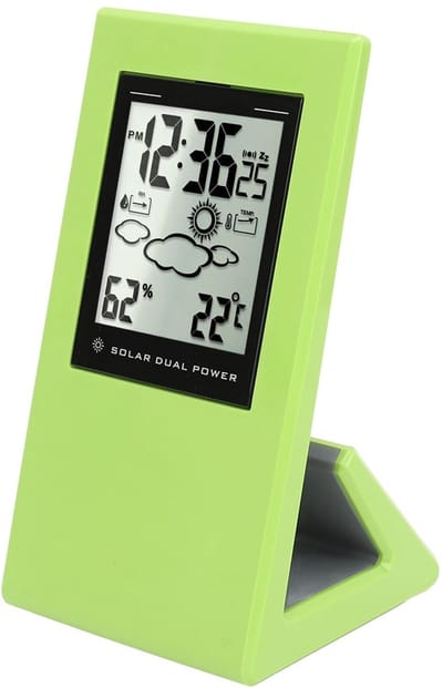 Allecto - LCD-scherm op Zonne-energie - Weerstation - Klok met Timer - Groen - Temperatuur en Vochtigheid - Geschikt voor Thuis en Kantoor - Multif...